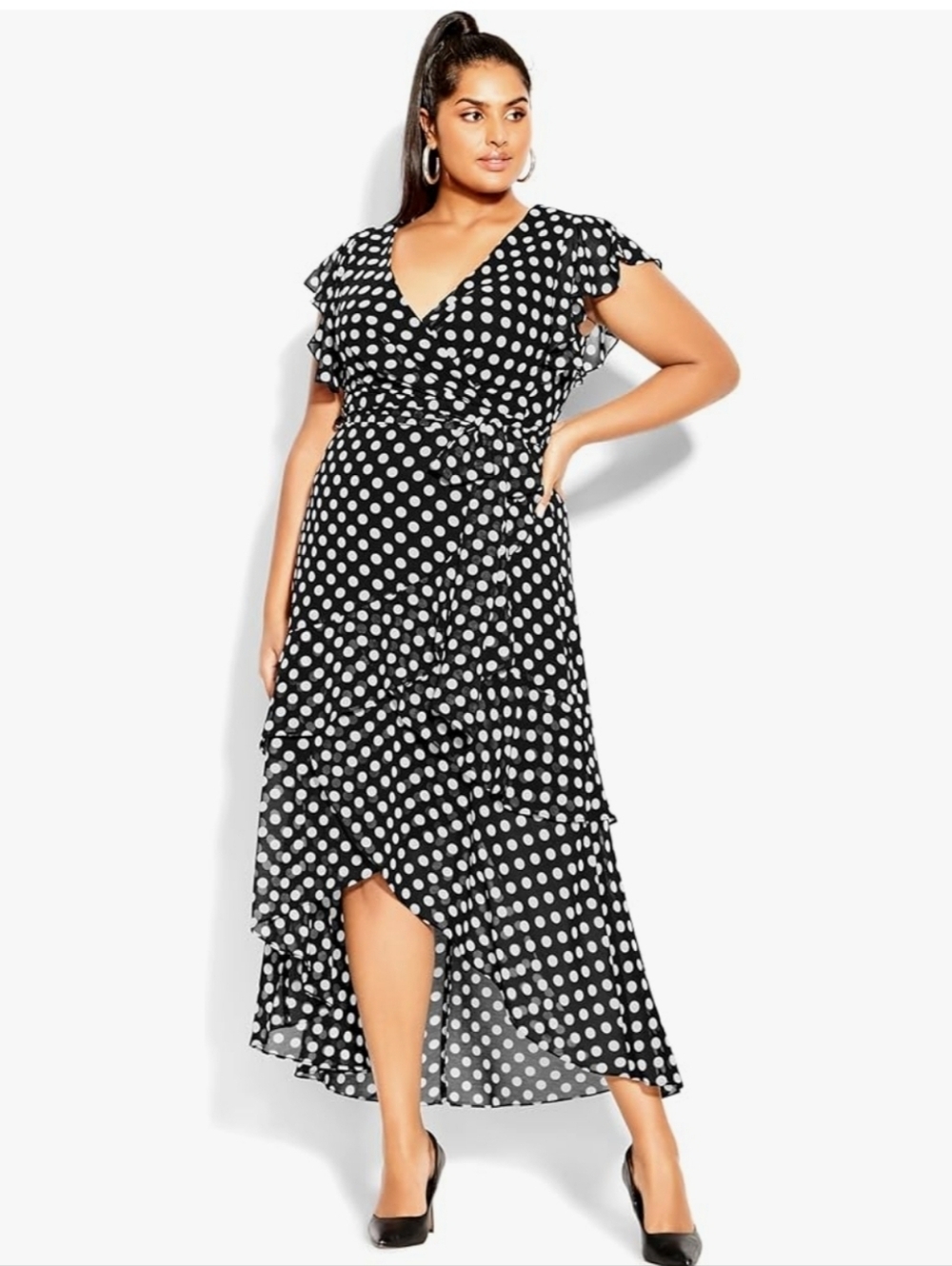 City Chic Women's Plus Size Maxi Emilia Polka Dot Chiffon Faux Wrap Dress. Sz 16 - Picture 2 of 8
